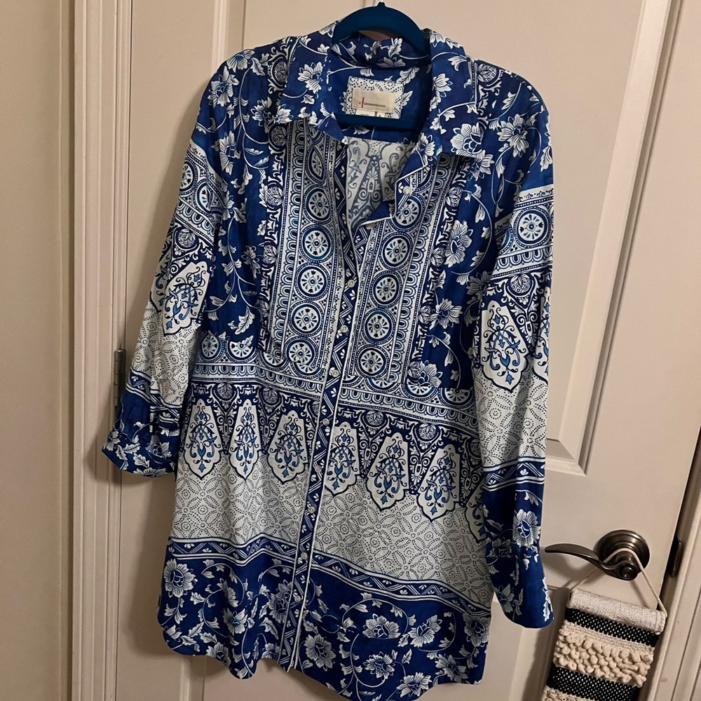 Anthropologie blue and white Mediterranean shirt dress